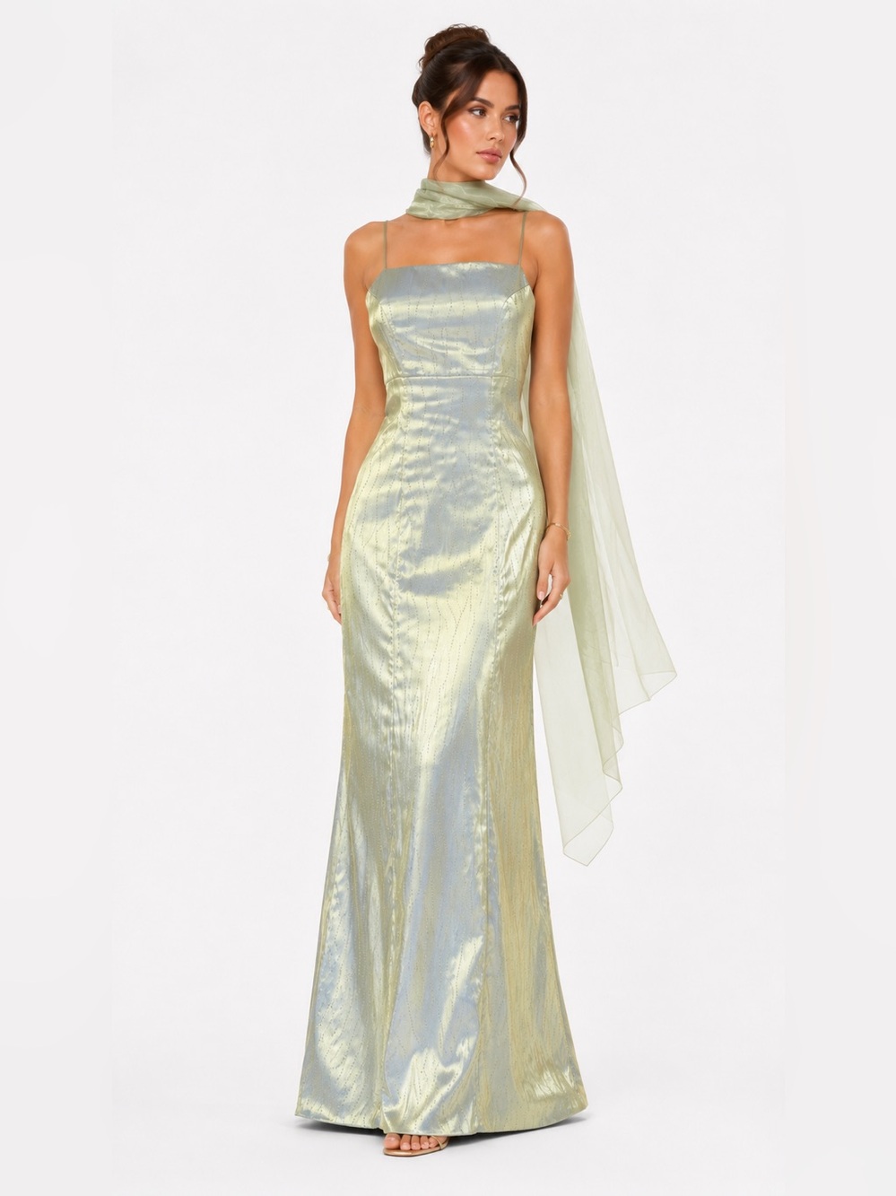 Vintage Iridescent Green-Blue Satin Evening Dress with Sheer Sage Scarf
